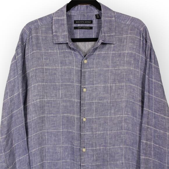 Saks Fifth Avenue XL Slim Fit 100% Linen Button-Down Shirt Light Blue Soft - Picture 1 of 11